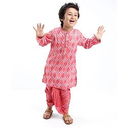 Babyhug 100% Cotton Full Sleeves Printed Kurta & Dhoti Set With Embroidery- Coral