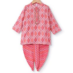 Babyhug 100% Cotton Full Sleeves Printed Kurta & Dhoti Set With Embroidery- Coral