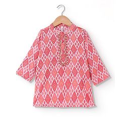 Babyhug 100% Cotton Full Sleeves Printed Kurta & Dhoti Set With Embroidery- Coral