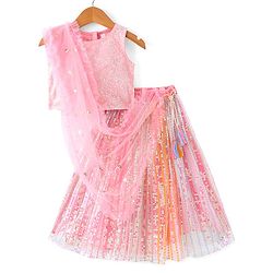 Babyhug Sleeveless Sequined Embroidered Choli Lehenga and Dupatta Set - Pink & White