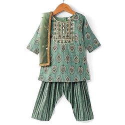 Babyhug Three Fourth Sleeves Rayon Printed Kurta And Pant with Sequenced Dupatta Embroidered Design - Green