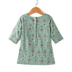 Babyhug Three Fourth Sleeves Rayon Printed Kurta And Pant with Sequenced Dupatta Embroidered Design - Green