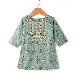 Babyhug Three Fourth Sleeves Rayon Printed Kurta And Pant with Sequenced Dupatta Embroidered Design - Green