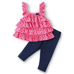 Babyhug 100% Sleeveless Cotton Top & Leggings Set Polka Dot Print- Pink & Navy Blue
