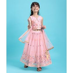Babyhug Sleeveless Sequenced Embroidered Choli With Lehenga And Dupatta Set- Pink