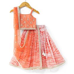 Babyhug Sleeveless Embrodered Choli with Laheriya Sequenced Lehenga and Dupatta Set - Orange