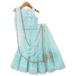 Babyhug Sleeveless Sequenced Embroidered Choli With Lehenga And Dupatta Set- Aqua