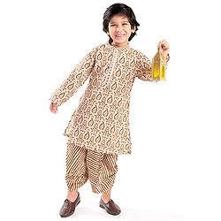 Babyhug 100% Cambric Full Sleeve Printed Dhoti Kurta Set - Beige