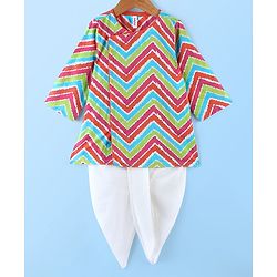 Babyhug 100% Cotton Full Sleeves Angarakha Kurta & Solid Color Dhoti Set With Chevron Print- Blue Green & Pink