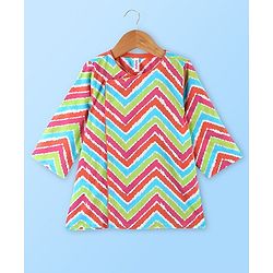 Babyhug 100% Cotton Full Sleeves Angarakha Kurta & Solid Color Dhoti Set With Chevron Print- Blue Green & Pink
