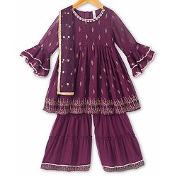 Babyhug Three Fourth Sleeves Rubber Print Kurti With Gharara And Net Dupatta- Purple