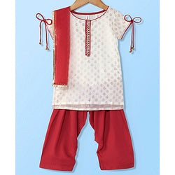 Babyhug Half Sleeves Chanderi Butti Kurti With Salwar & Net Dupatta- Ivory & Red