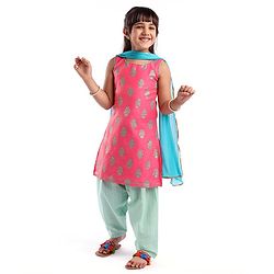 Babyhug Sleeveless 2 Tone Printed Kurti With Salwar & Chiffon Dupatta- Fuschia & Turquoise