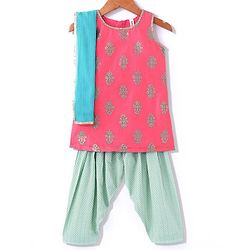 Babyhug Sleeveless 2 Tone Printed Kurti With Salwar & Chiffon Dupatta- Fuschia & Turquoise