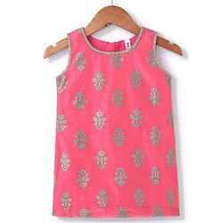 Babyhug Sleeveless 2 Tone Printed Kurti With Salwar & Chiffon Dupatta- Fuschia & Turquoise