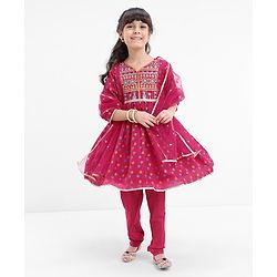 Babyhug Three Fourth Sleeves Printed Kurti With Pant & Net Sequenced Net Dupatta- Red