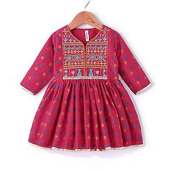 Babyhug Three Fourth Sleeves Printed Kurti With Pant & Net Sequenced Net Dupatta- Red