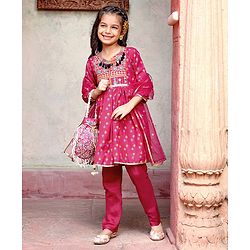 Babyhug Three Fourth Sleeves Printed Kurti With Pant & Net Sequenced Net Dupatta- Red