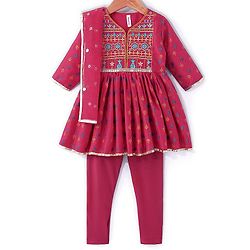 Babyhug Three Fourth Sleeves Printed Kurti With Pant & Net Sequenced Net Dupatta- Red