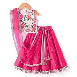 Babyhug Sleeveless Embrodered Choli with Foil Printed Pleated Lehenga and Dupatta - Fuschia