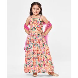 Babyhug Sleeveless Sequenced Choli With Lehenga And Dupatta Floral Print- Pink & Beige