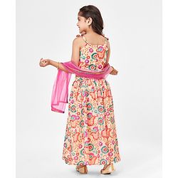 Babyhug Sleeveless Sequenced Choli With Lehenga And Dupatta Floral Print- Pink & Beige