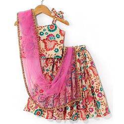 Babyhug Sleeveless Sequenced Choli With Lehenga And Dupatta Floral Print- Pink & Beige