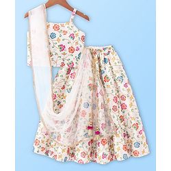 Babyhug Sleeveless Floral Printed & Embroidered Choli With Lehenga And Dupatta- White Blue & Pink