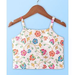 Babyhug Sleeveless Floral Printed & Embroidered Choli With Lehenga And Dupatta- White Blue & Pink