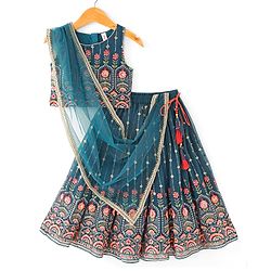 Babyhug Sleeveless Embroidered Choli Lehenga and Dupatta Set - Teal Blue