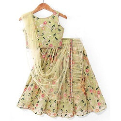 Babyhug Sleeveless Choli with Lehenga and Dupatta Floral Print & Embroidery - Lime