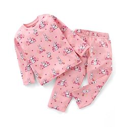 Babyhug Cotton Knit Full Sleeves Night Suit With Bunny Print - Pink