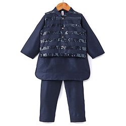 Babyhug Full Sleeves Kurta Payjama Set & Waistcoat With Sequine Detailing - Blue