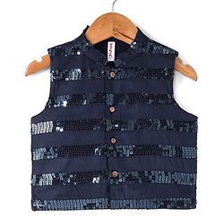 Babyhug Full Sleeves Kurta Payjama Set & Waistcoat With Sequine Detailing - Blue