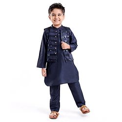 Babyhug Full Sleeves Kurta Payjama Set & Waistcoat With Sequine Detailing - Blue