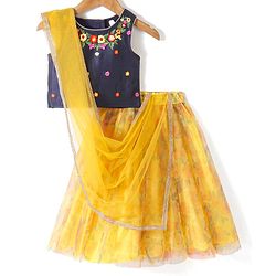 Babyhug Sleeveless Embroidered Choli with Printed Lehenga and Dupatta Set - Yellow