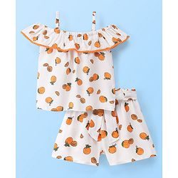 Babyhug Rayon Woven Singlet Top & Short Set Orange Print - White