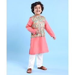 Babyhug Cotton Woven Full Sleeves Kurta & Pajama Set with Floral Printed Jacket - Peach