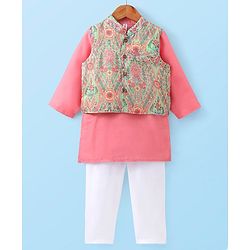 Babyhug Cotton Woven Full Sleeves Kurta & Pajama Set with Floral Printed Jacket - Peach