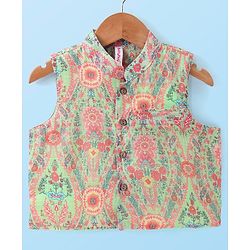 Babyhug Cotton Woven Full Sleeves Kurta & Pajama Set with Floral Printed Jacket - Peach