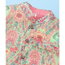 Babyhug Cotton Woven Full Sleeves Kurta & Pajama Set with Floral Printed Jacket - Peach