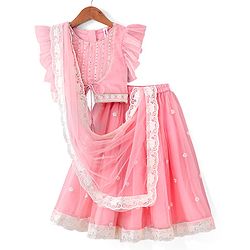 Babyhug Short Flutter Sleeves Embroidered Net Choli Lehenga And Dupatta Set - Pink