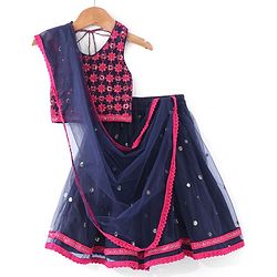 Babyhug Sleeveless Floral Embroidered Choli Lehenga with Dupatta- Navy Blue