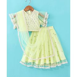Babyhug Woven Half Sleeves Embroidered Net Choli Lehenga & Dupatta - Lime Yellow