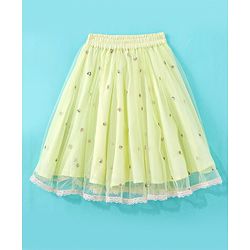 Babyhug Woven Half Sleeves Embroidered Net Choli Lehenga & Dupatta - Lime Yellow
