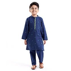 Babyhug Cotton Handloom Full Sleeves Dobby Kurta & Pajama Set Triangles Detailing - Navy Blue