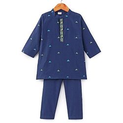 Babyhug Cotton Handloom Full Sleeves Dobby Kurta & Pajama Set Triangles Detailing - Navy Blue