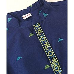 Babyhug Cotton Handloom Full Sleeves Dobby Kurta & Pajama Set Triangles Detailing - Navy Blue