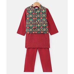 Babyhug Full Sleeves Embroidered Kurta Pyjama Set with Printed Jacket - Maroon