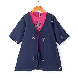 Babyhug Three Fourth Sleeve Rayon Floral Embroidered Ethnic Dress with Shrug - Navy & Fuchsia